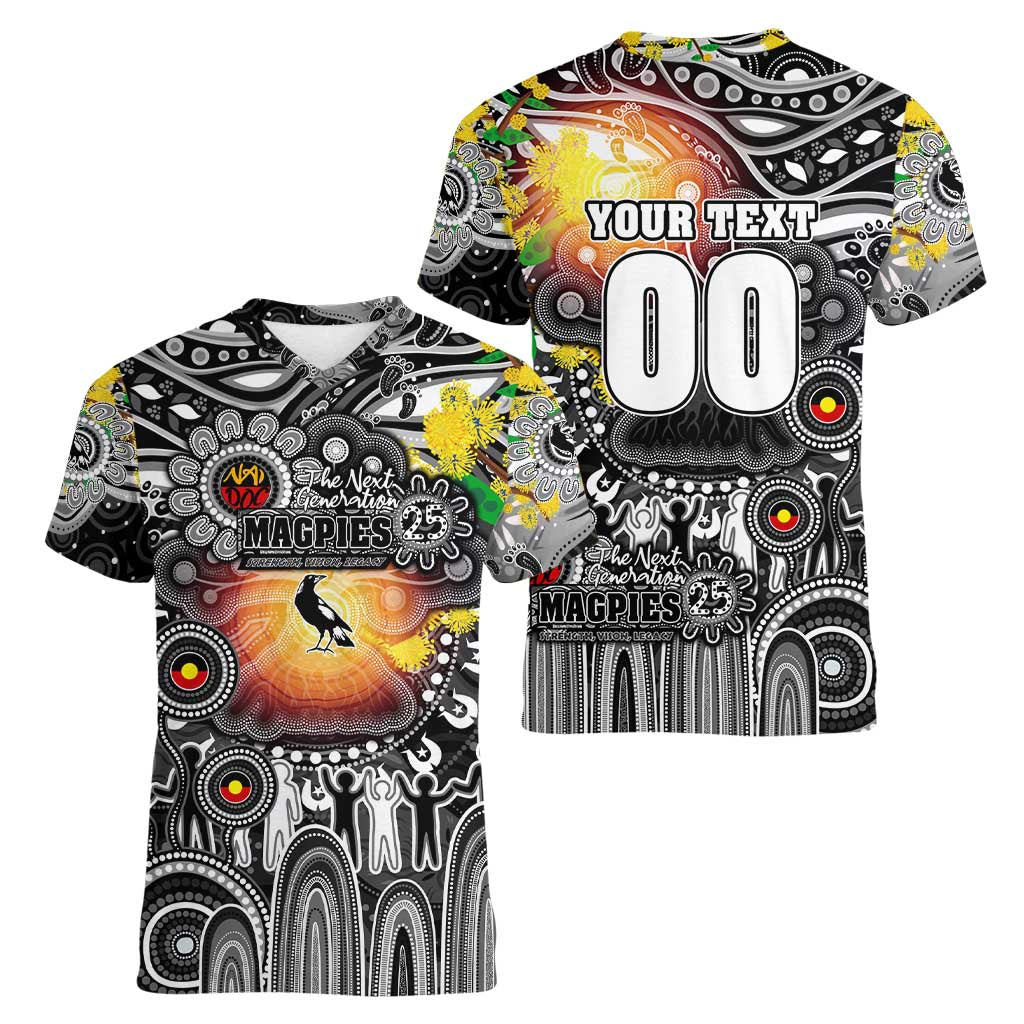 Personalised NAIDOC Week 2025 Magpies Football Women V-Neck T-Shirt Aboriginal Dot Painting