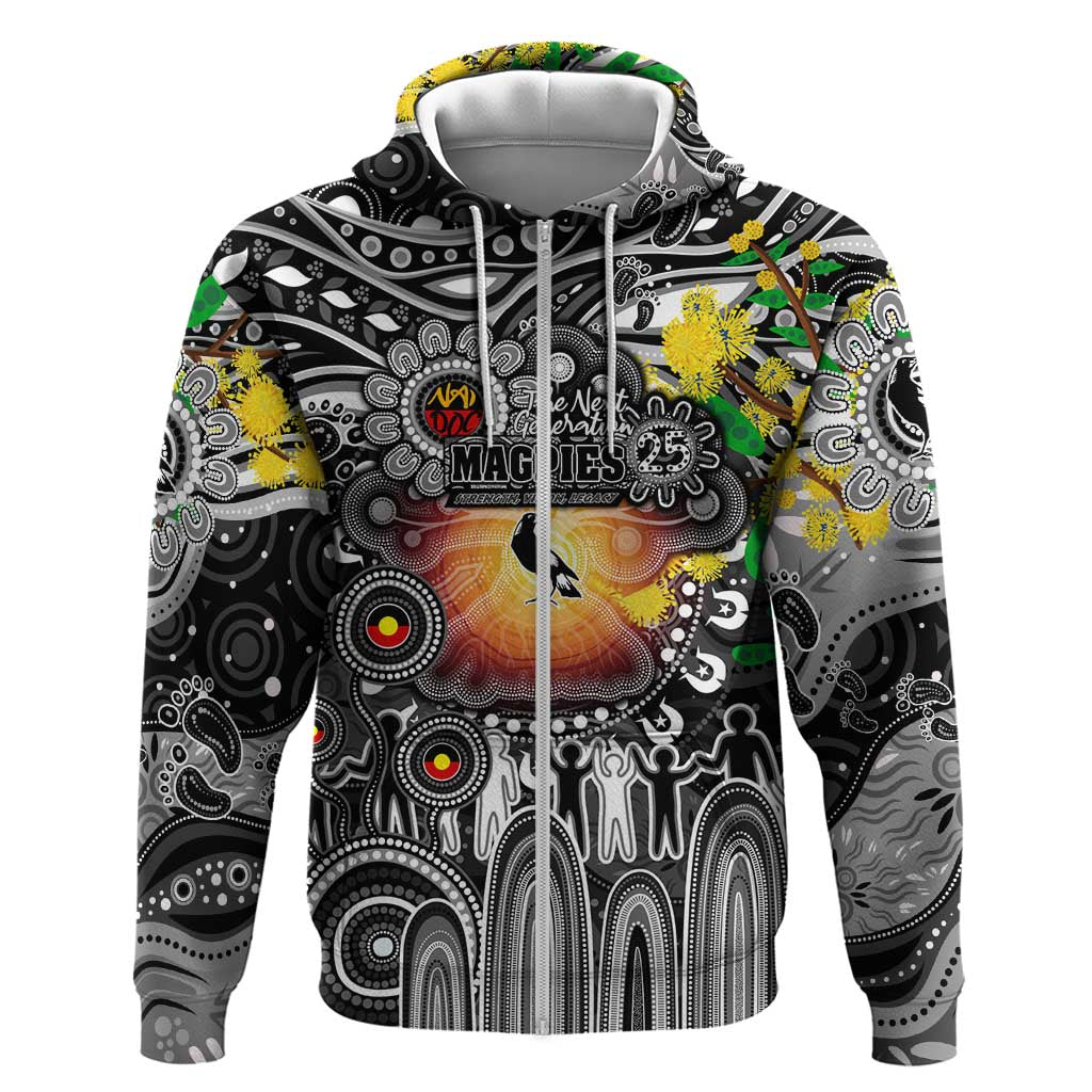 Personalised NAIDOC Week 2025 Magpies Football Zip Hoodie Aboriginal Dot Painting