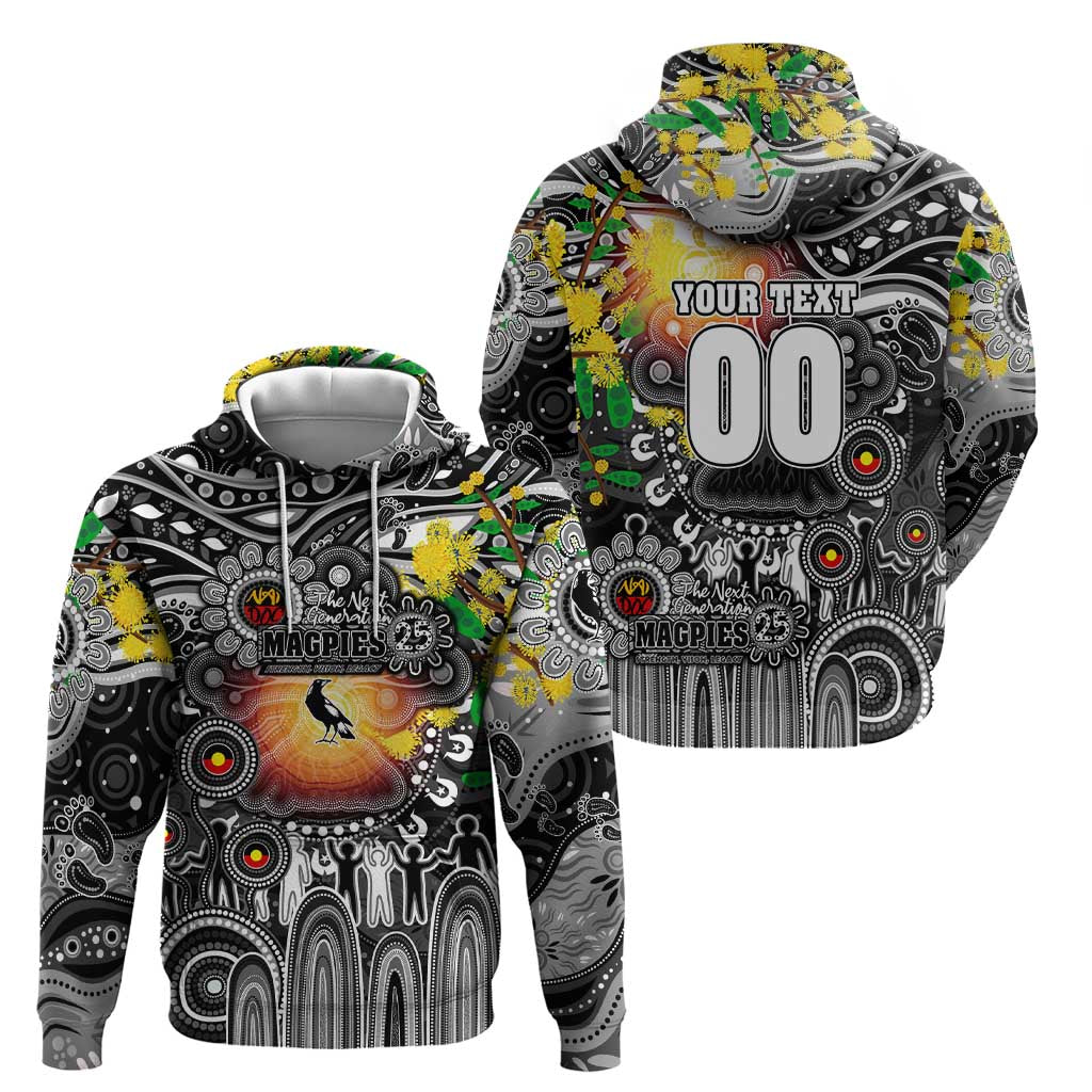 Personalised NAIDOC Week 2025 Magpies Football Zip Hoodie Aboriginal Dot Painting