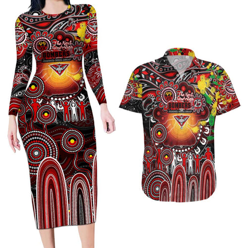 Personalised NAIDOC Week 2025 Bombers Football Couples Matching Long Sleeve Bodycon Dress and Hawaiian Shirt Aboriginal Dot Painting