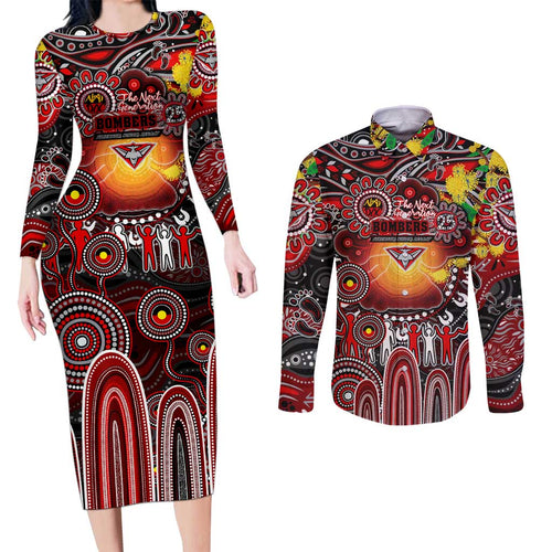 Personalised NAIDOC Week 2025 Bombers Football Couples Matching Long Sleeve Bodycon Dress and Long Sleeve Button Shirt Aboriginal Dot Painting