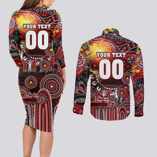 Personalised NAIDOC Week 2025 Bombers Football Couples Matching Long Sleeve Bodycon Dress and Long Sleeve Button Shirt Aboriginal Dot Painting