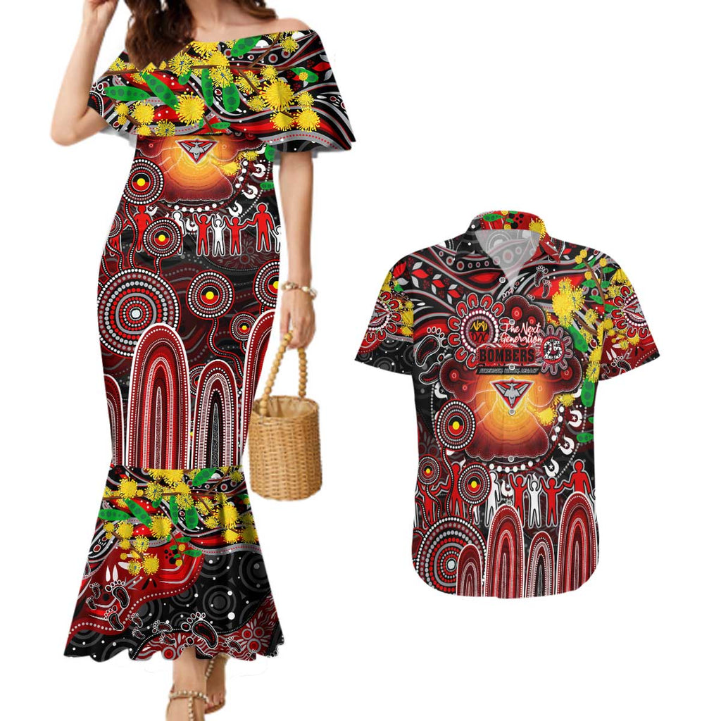 Personalised NAIDOC Week 2025 Bombers Football Couples Matching Mermaid Dress and Hawaiian Shirt Aboriginal Dot Painting