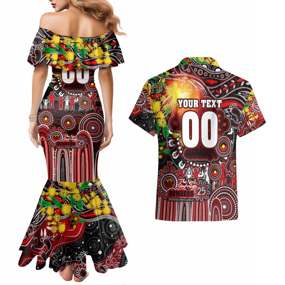 Personalised NAIDOC Week 2025 Bombers Football Couples Matching Mermaid Dress and Hawaiian Shirt Aboriginal Dot Painting