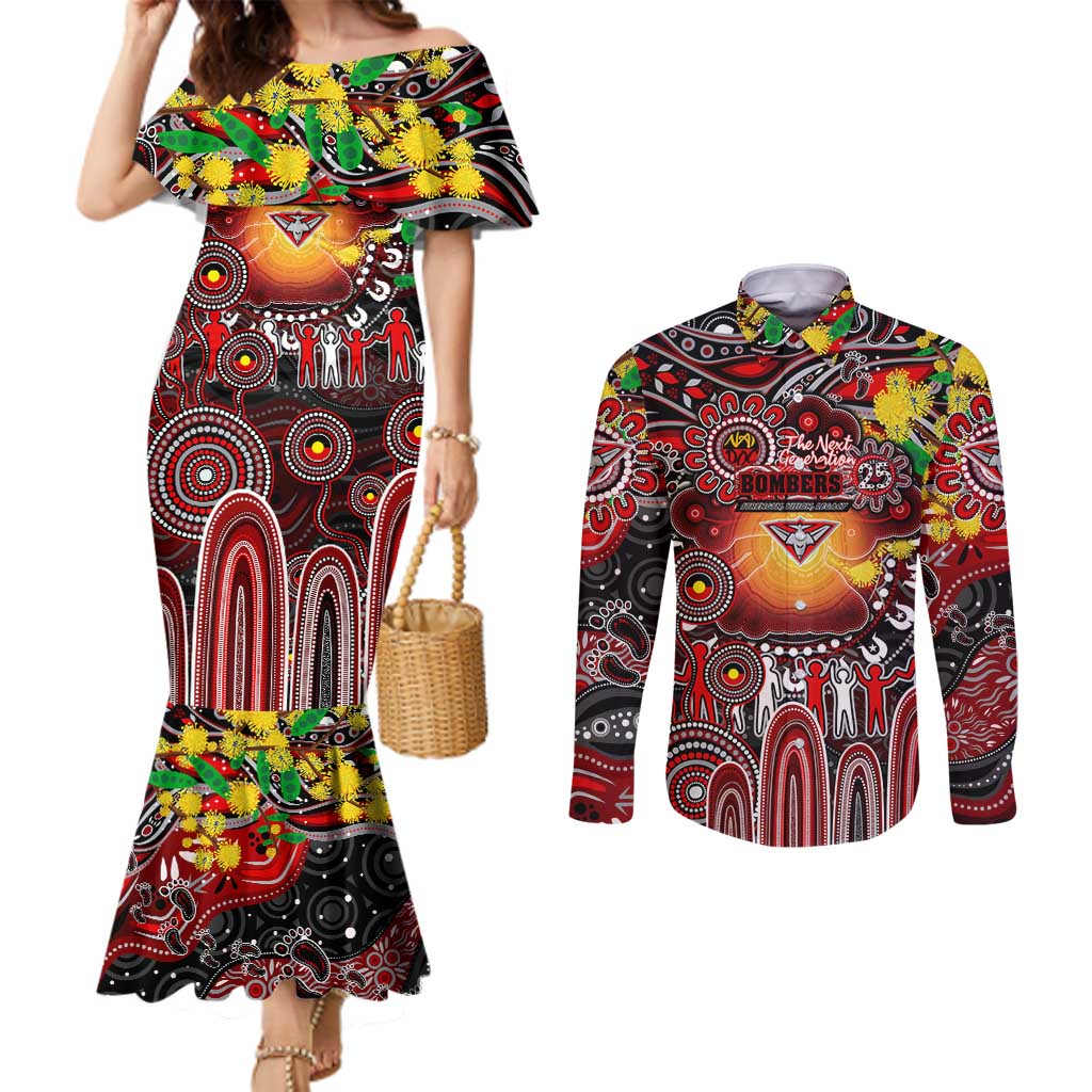 Personalised NAIDOC Week 2025 Bombers Football Couples Matching Mermaid Dress and Long Sleeve Button Shirt Aboriginal Dot Painting