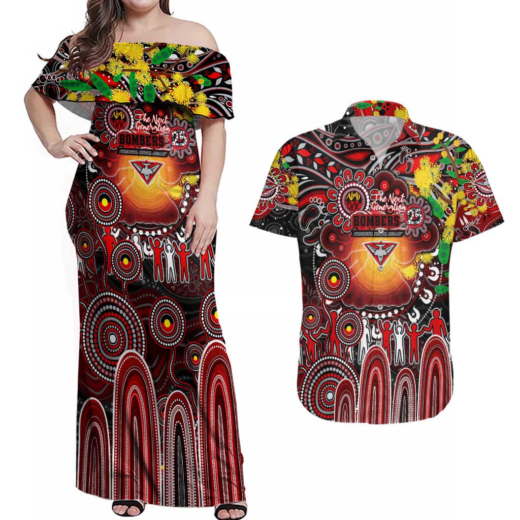 Personalised NAIDOC Week 2025 Bombers Football Couples Matching Off Shoulder Maxi Dress and Hawaiian Shirt Aboriginal Dot Painting