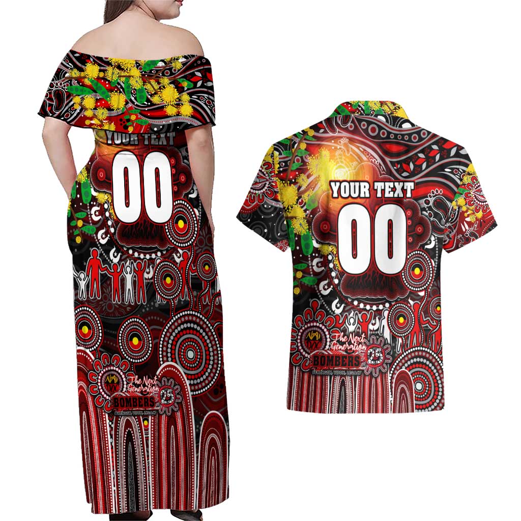 Personalised NAIDOC Week 2025 Bombers Football Couples Matching Off Shoulder Maxi Dress and Hawaiian Shirt Aboriginal Dot Painting
