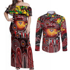 Personalised NAIDOC Week 2025 Bombers Football Couples Matching Off Shoulder Maxi Dress and Long Sleeve Button Shirt Aboriginal Dot Painting