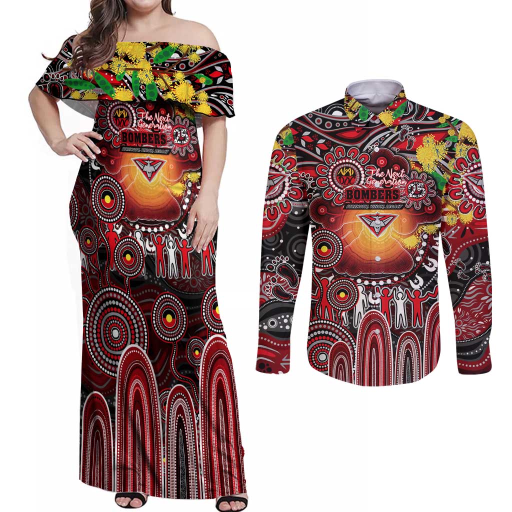 Personalised NAIDOC Week 2025 Bombers Football Couples Matching Off Shoulder Maxi Dress and Long Sleeve Button Shirt Aboriginal Dot Painting