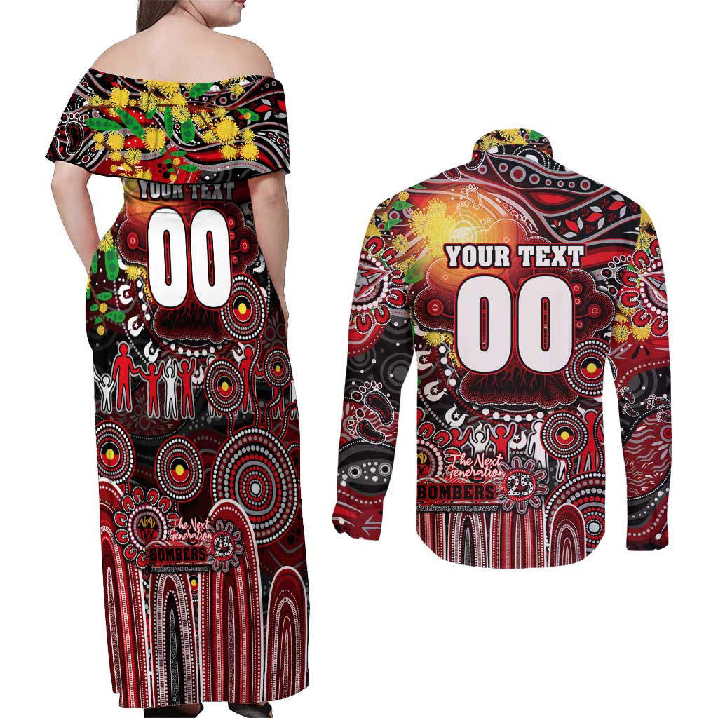 Personalised NAIDOC Week 2025 Bombers Football Couples Matching Off Shoulder Maxi Dress and Long Sleeve Button Shirt Aboriginal Dot Painting