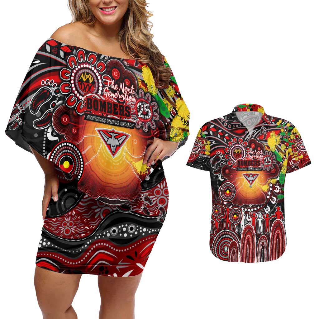 Personalised NAIDOC Week 2025 Bombers Football Couples Matching Off Shoulder Short Dress and Hawaiian Shirt Aboriginal Dot Painting