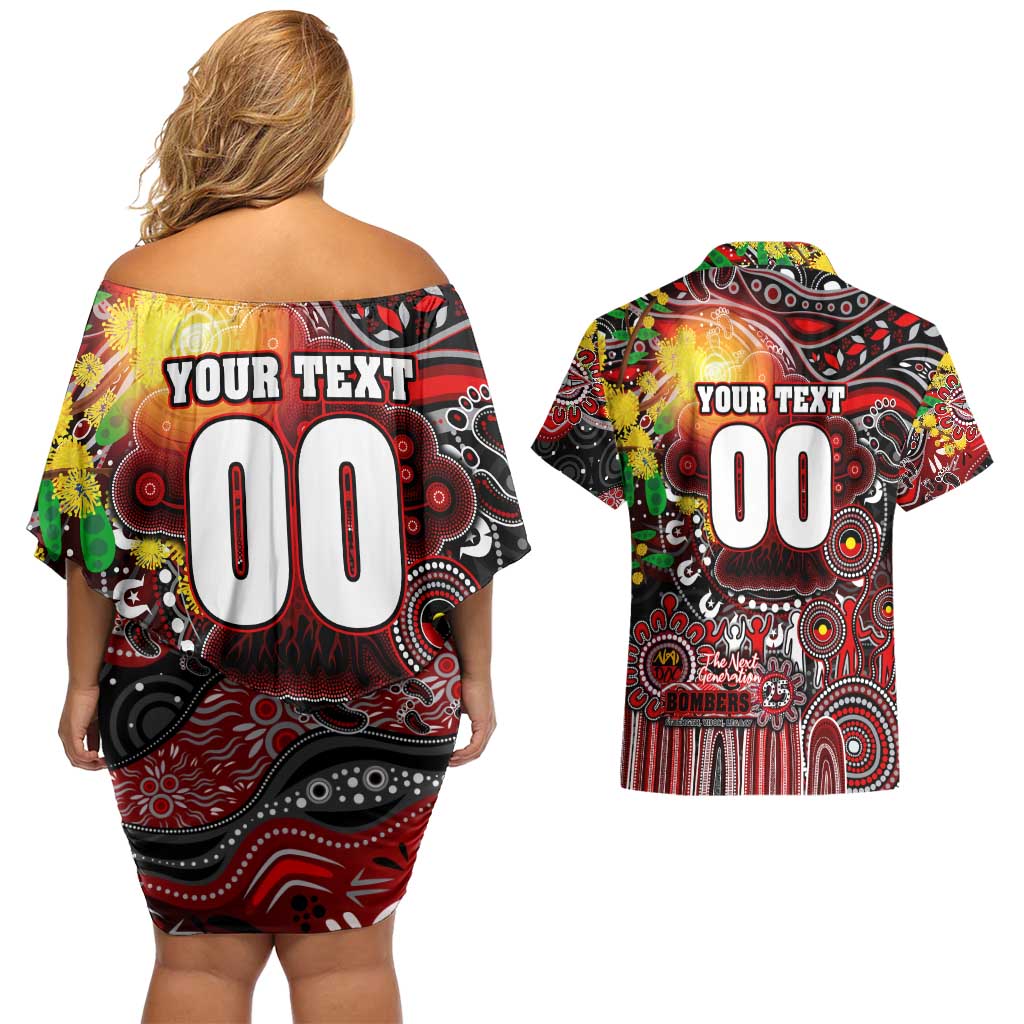 Personalised NAIDOC Week 2025 Bombers Football Couples Matching Off Shoulder Short Dress and Hawaiian Shirt Aboriginal Dot Painting