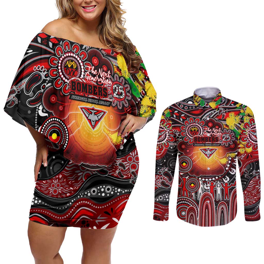 Personalised NAIDOC Week 2025 Bombers Football Couples Matching Off Shoulder Short Dress and Long Sleeve Button Shirt Aboriginal Dot Painting