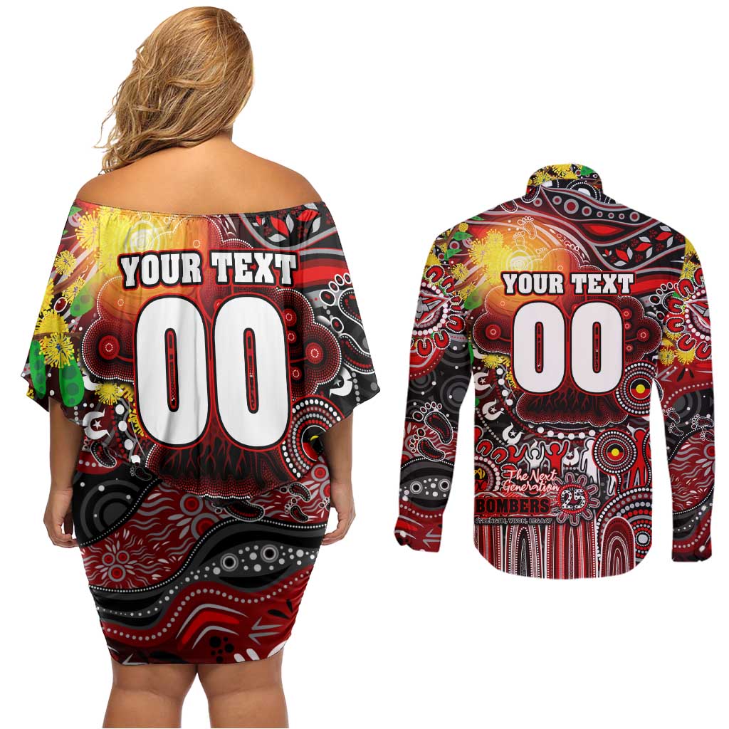 Personalised NAIDOC Week 2025 Bombers Football Couples Matching Off Shoulder Short Dress and Long Sleeve Button Shirt Aboriginal Dot Painting