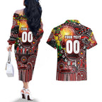 Personalised NAIDOC Week 2025 Bombers Football Couples Matching Off The Shoulder Long Sleeve Dress and Hawaiian Shirt Aboriginal Dot Painting