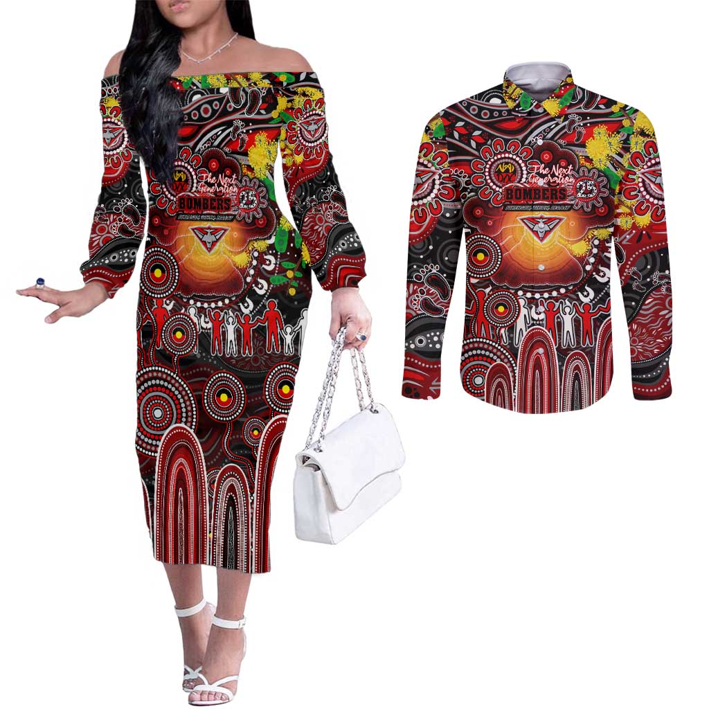 Personalised NAIDOC Week 2025 Bombers Football Couples Matching Off The Shoulder Long Sleeve Dress and Long Sleeve Button Shirt Aboriginal Dot Painting