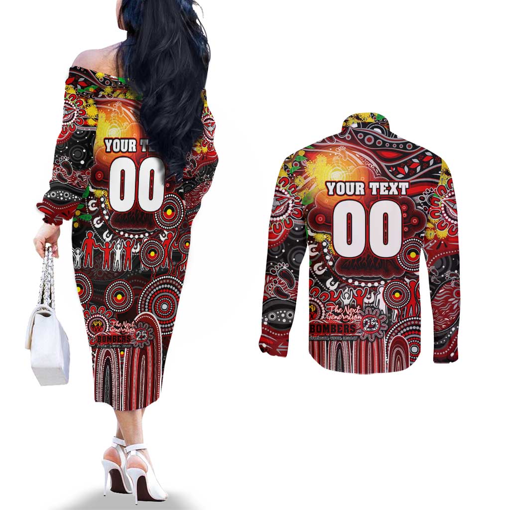 Personalised NAIDOC Week 2025 Bombers Football Couples Matching Off The Shoulder Long Sleeve Dress and Long Sleeve Button Shirt Aboriginal Dot Painting