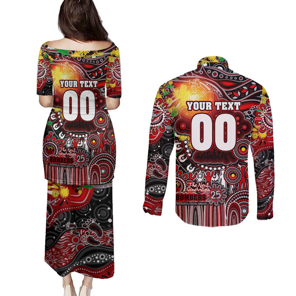 Personalised NAIDOC Week 2025 Bombers Football Couples Matching Puletasi and Long Sleeve Button Shirt Aboriginal Dot Painting