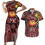 Personalised NAIDOC Week 2025 Bombers Football Couples Matching Short Sleeve Bodycon Dress and Hawaiian Shirt Aboriginal Dot Painting
