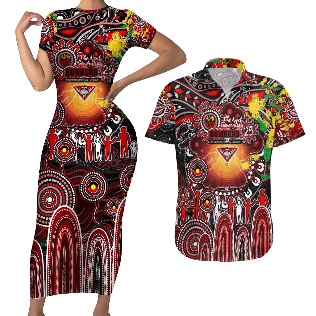 Personalised NAIDOC Week 2025 Bombers Football Couples Matching Short Sleeve Bodycon Dress and Hawaiian Shirt Aboriginal Dot Painting