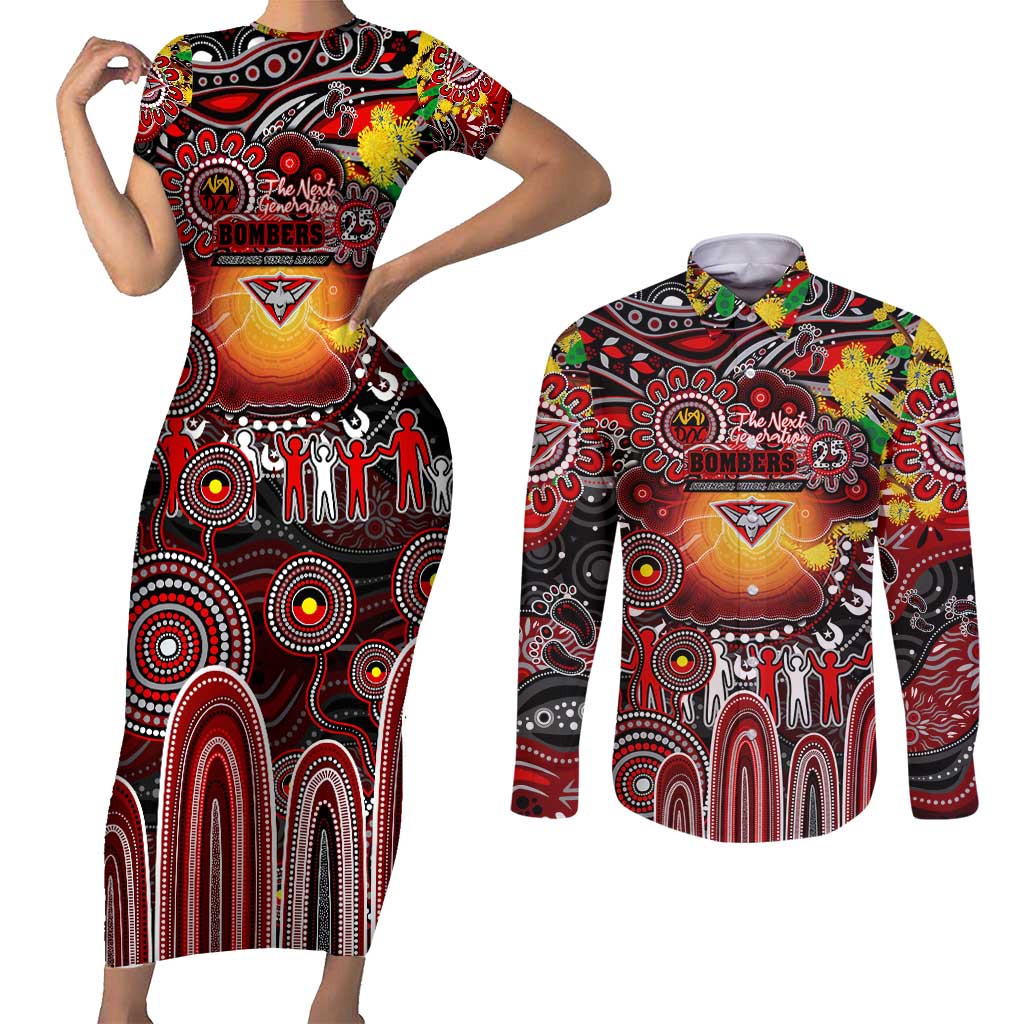 Personalised NAIDOC Week 2025 Bombers Football Couples Matching Short Sleeve Bodycon Dress and Long Sleeve Button Shirt Aboriginal Dot Painting
