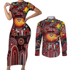 Personalised NAIDOC Week 2025 Bombers Football Couples Matching Short Sleeve Bodycon Dress and Long Sleeve Button Shirt Aboriginal Dot Painting