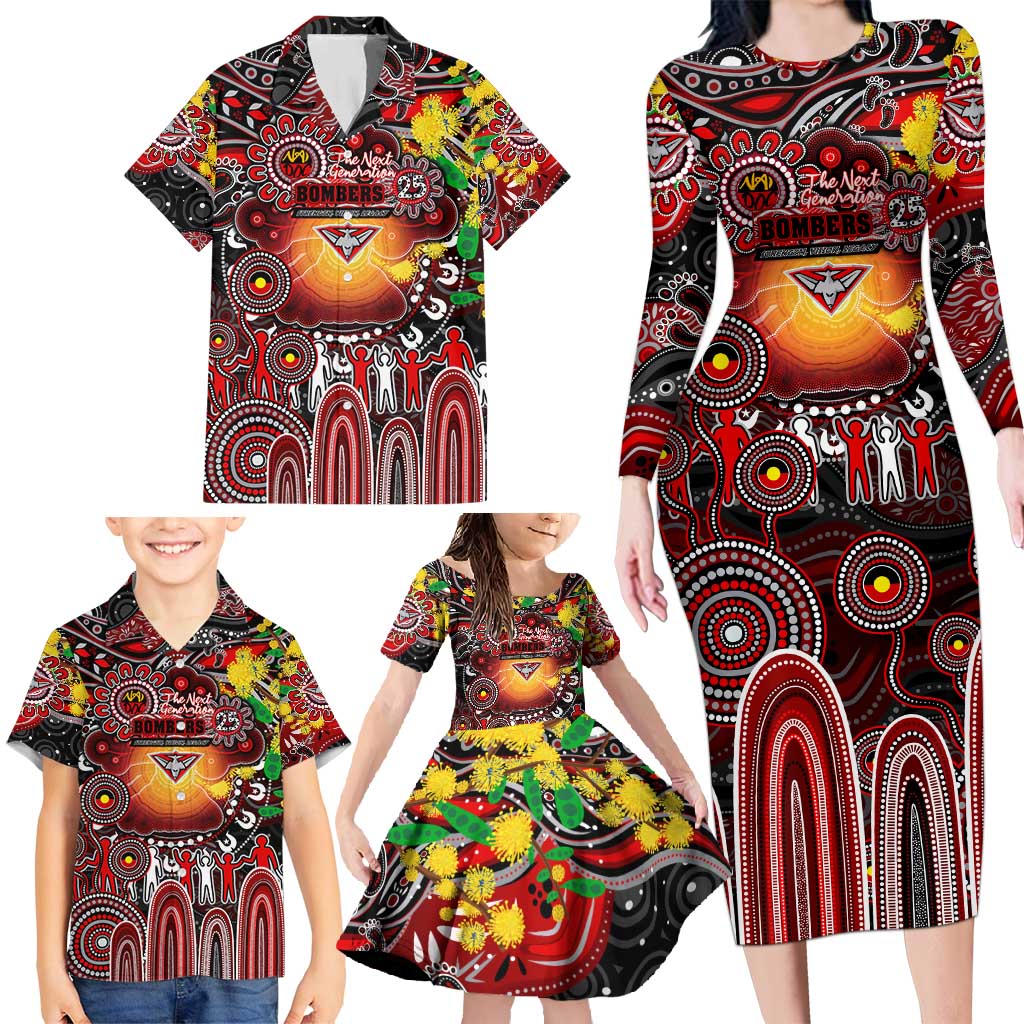Personalised NAIDOC Week 2025 Bombers Football Family Matching Long Sleeve Bodycon Dress and Hawaiian Shirt Aboriginal Dot Painting