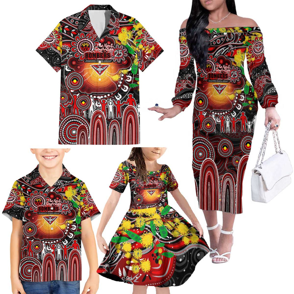 Personalised NAIDOC Week 2025 Bombers Football Family Matching Off The Shoulder Long Sleeve Dress and Hawaiian Shirt Aboriginal Dot Painting