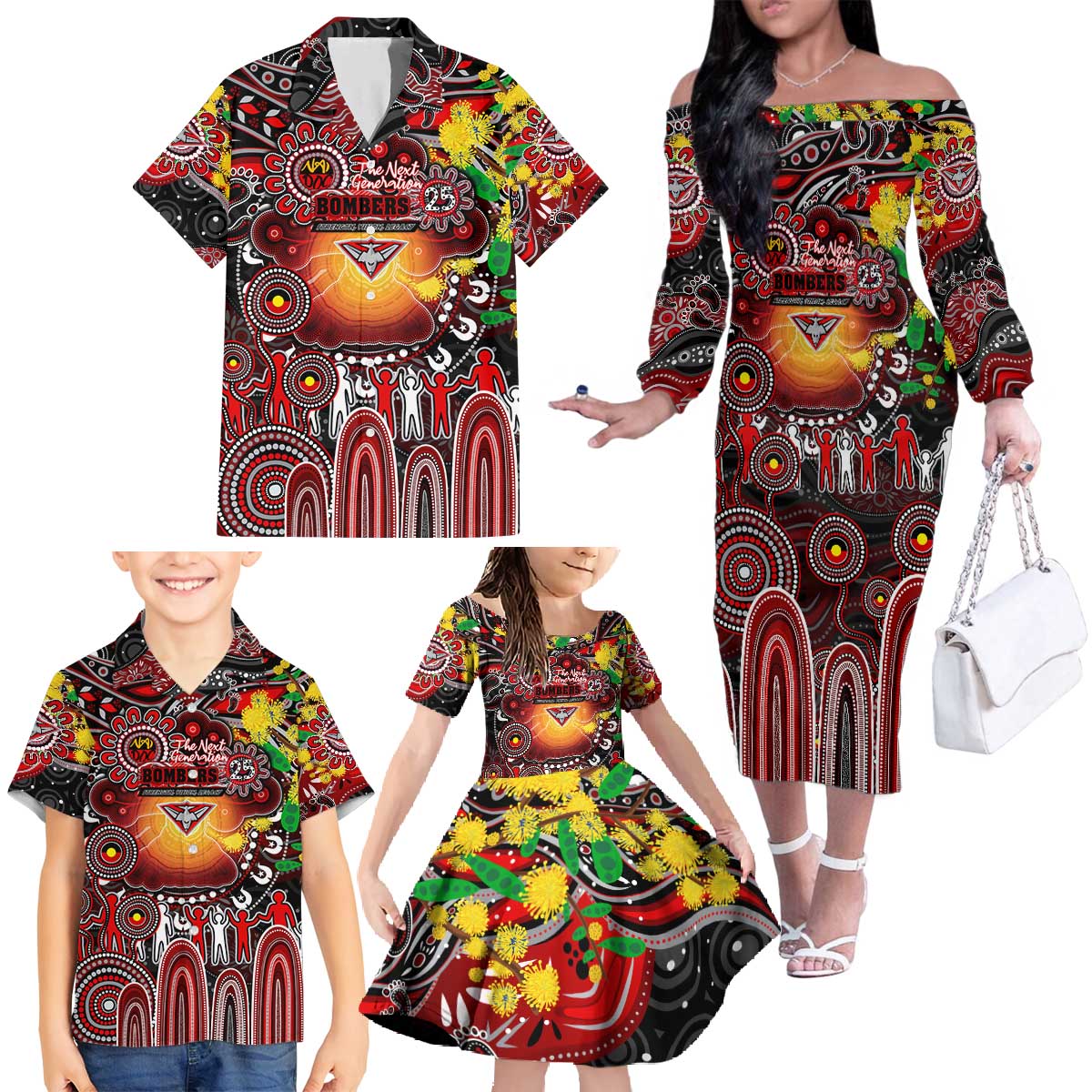 Personalised NAIDOC Week 2025 Bombers Football Family Matching Off The Shoulder Long Sleeve Dress and Hawaiian Shirt Aboriginal Dot Painting
