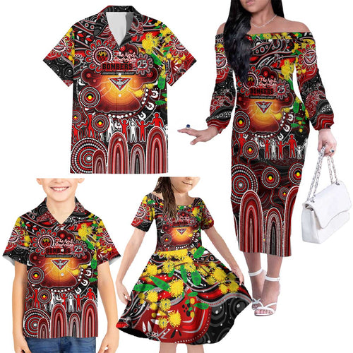 Personalised NAIDOC Week 2025 Bombers Football Family Matching Off The Shoulder Long Sleeve Dress and Hawaiian Shirt Aboriginal Dot Painting