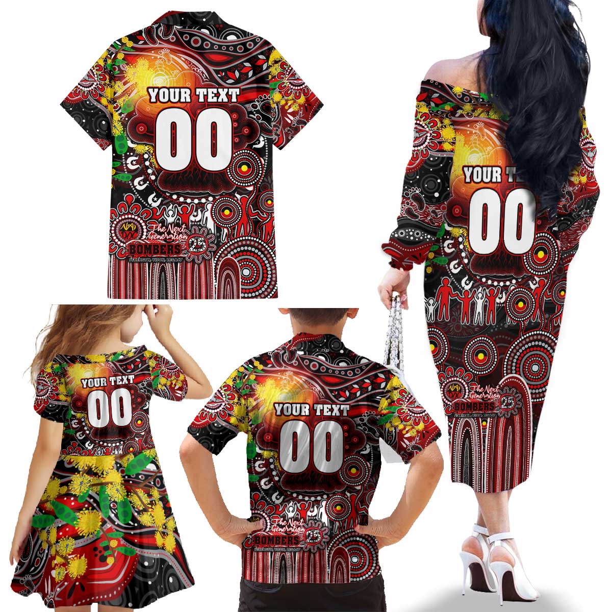 Personalised NAIDOC Week 2025 Bombers Football Family Matching Off The Shoulder Long Sleeve Dress and Hawaiian Shirt Aboriginal Dot Painting