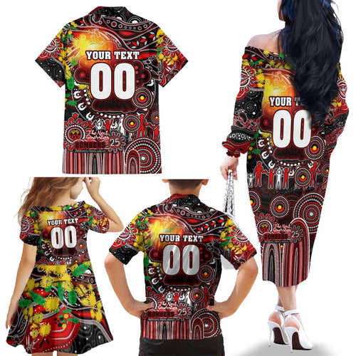 Personalised NAIDOC Week 2025 Bombers Football Family Matching Off The Shoulder Long Sleeve Dress and Hawaiian Shirt Aboriginal Dot Painting