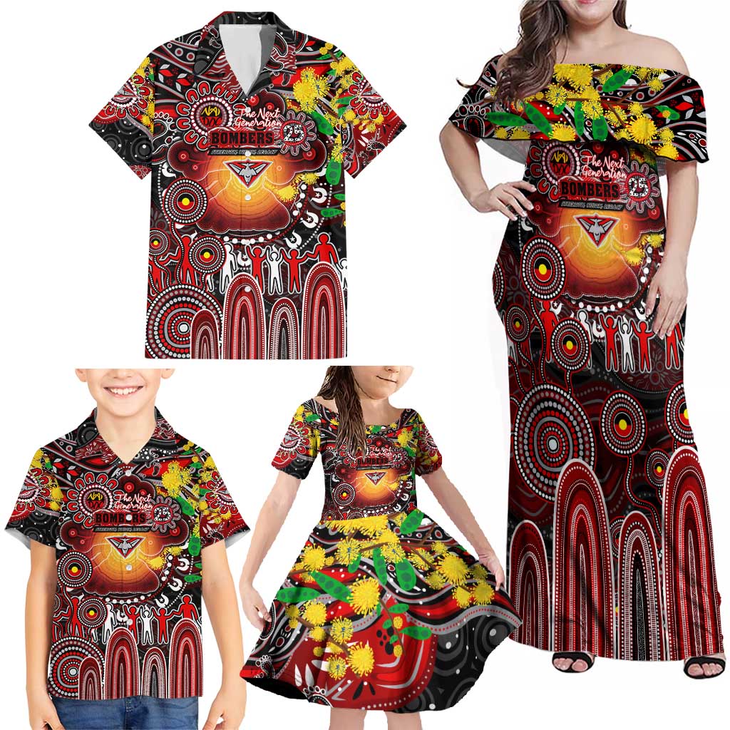 Personalised NAIDOC Week 2025 Bombers Football Family Matching Off Shoulder Maxi Dress and Hawaiian Shirt Aboriginal Dot Painting
