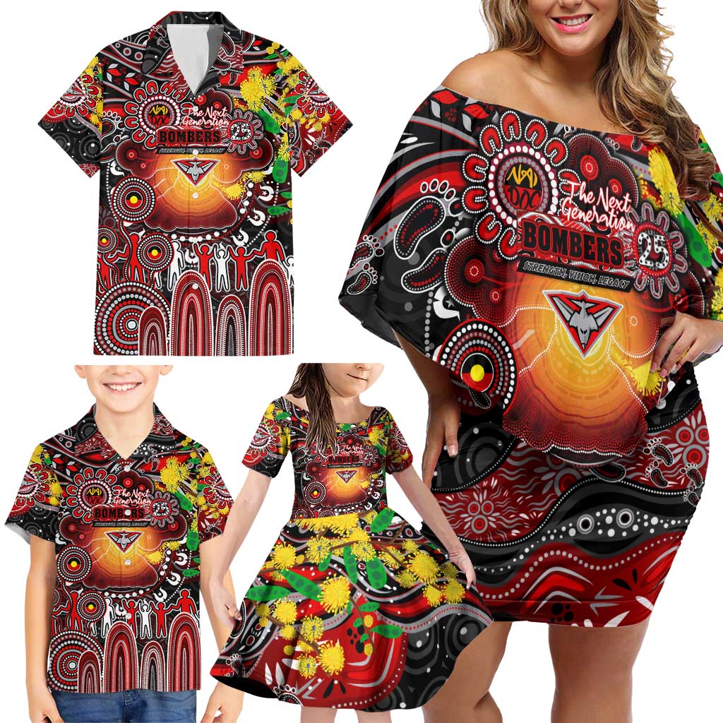 Personalised NAIDOC Week 2025 Bombers Football Family Matching Off Shoulder Short Dress and Hawaiian Shirt Aboriginal Dot Painting