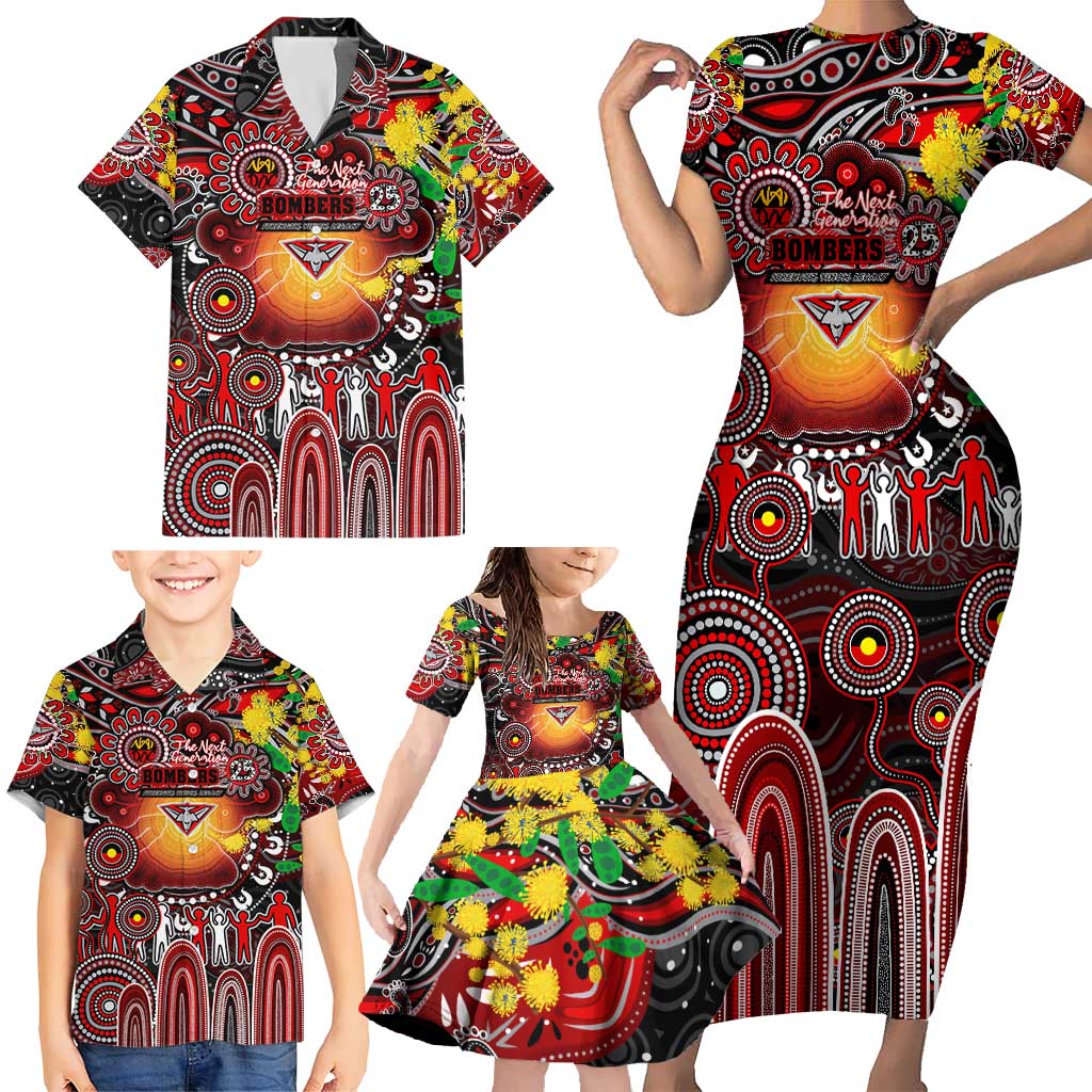 Personalised NAIDOC Week 2025 Bombers Football Family Matching Short Sleeve Bodycon Dress and Hawaiian Shirt Aboriginal Dot Painting