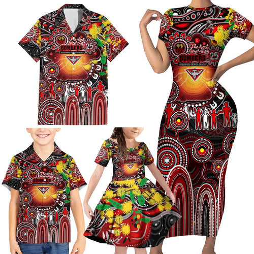Personalised NAIDOC Week 2025 Bombers Football Family Matching Short Sleeve Bodycon Dress and Hawaiian Shirt Aboriginal Dot Painting