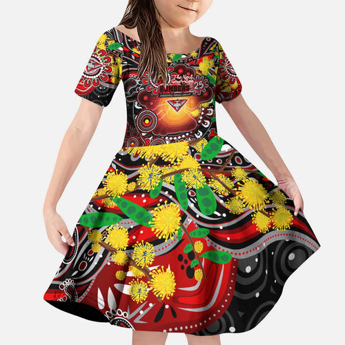Personalised NAIDOC Week 2025 Bombers Football Kid Short Sleeve Dress Aboriginal Dot Painting