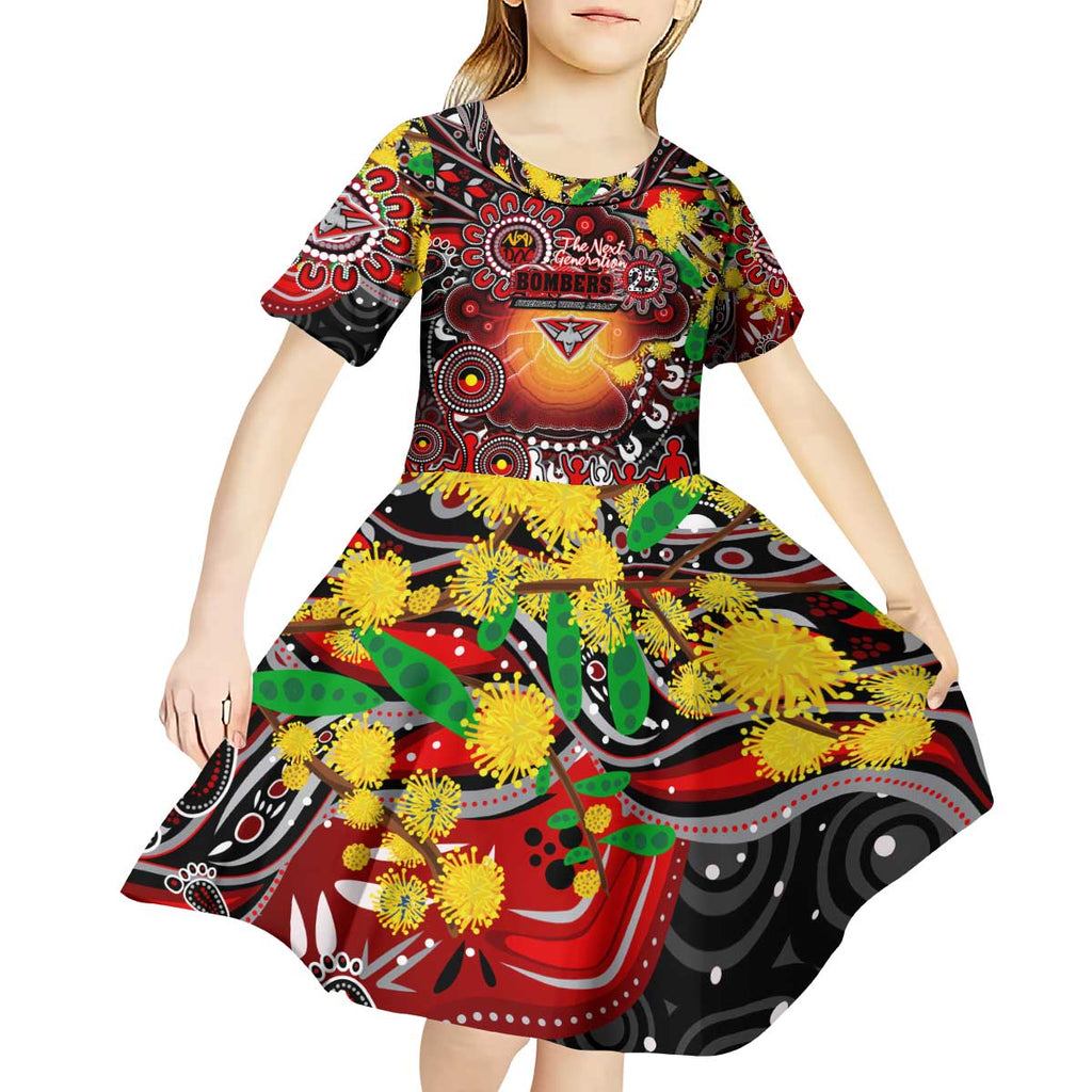 Personalised NAIDOC Week 2025 Bombers Football Kid Short Sleeve Dress Aboriginal Dot Painting