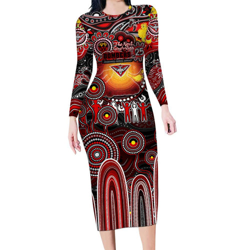 Personalised NAIDOC Week 2025 Bombers Football Long Sleeve Bodycon Dress Aboriginal Dot Painting