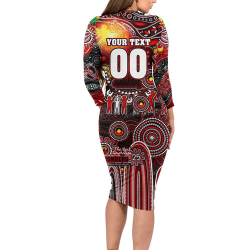 Personalised NAIDOC Week 2025 Bombers Football Long Sleeve Bodycon Dress Aboriginal Dot Painting