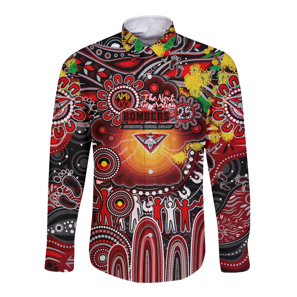 Personalised NAIDOC Week 2025 Bombers Football Long Sleeve Button Shirt Aboriginal Dot Painting