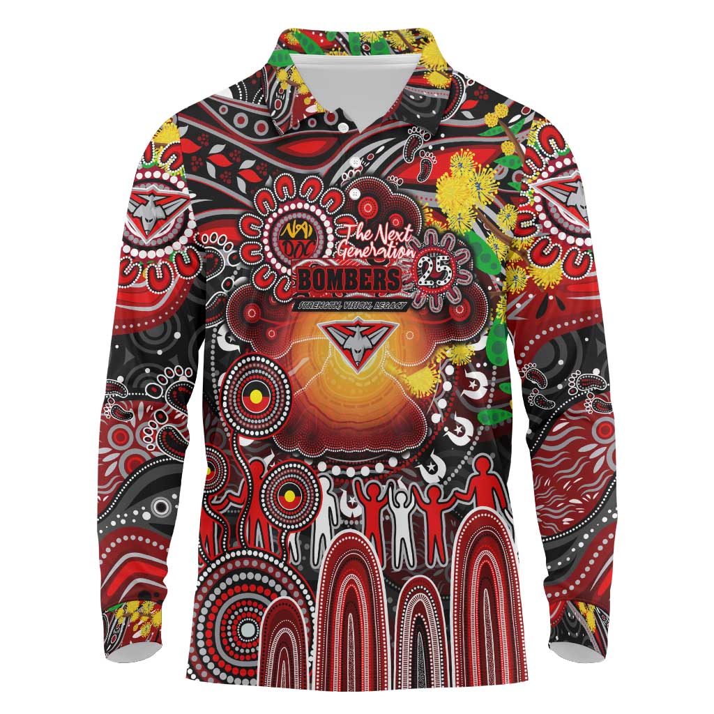 Personalised NAIDOC Week 2025 Bombers Football Long Sleeve Polo Shirt Aboriginal Dot Painting