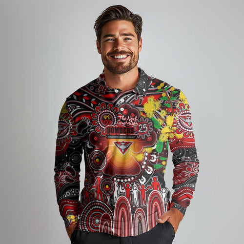 Personalised NAIDOC Week 2025 Bombers Football Long Sleeve Polo Shirt Aboriginal Dot Painting