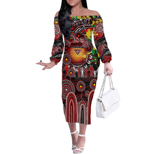 Personalised NAIDOC Week 2025 Bombers Football Off The Shoulder Long Sleeve Dress Aboriginal Dot Painting