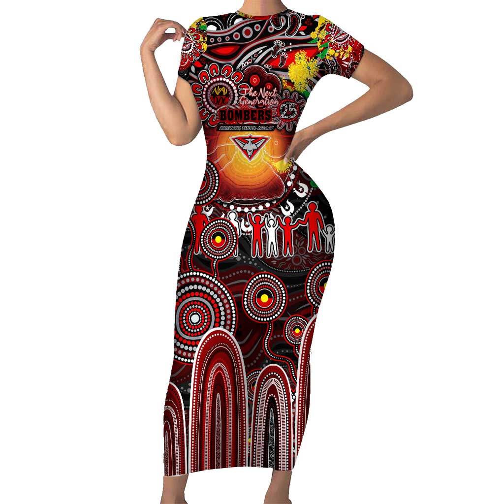 Personalised NAIDOC Week 2025 Bombers Football Short Sleeve Bodycon Dress Aboriginal Dot Painting