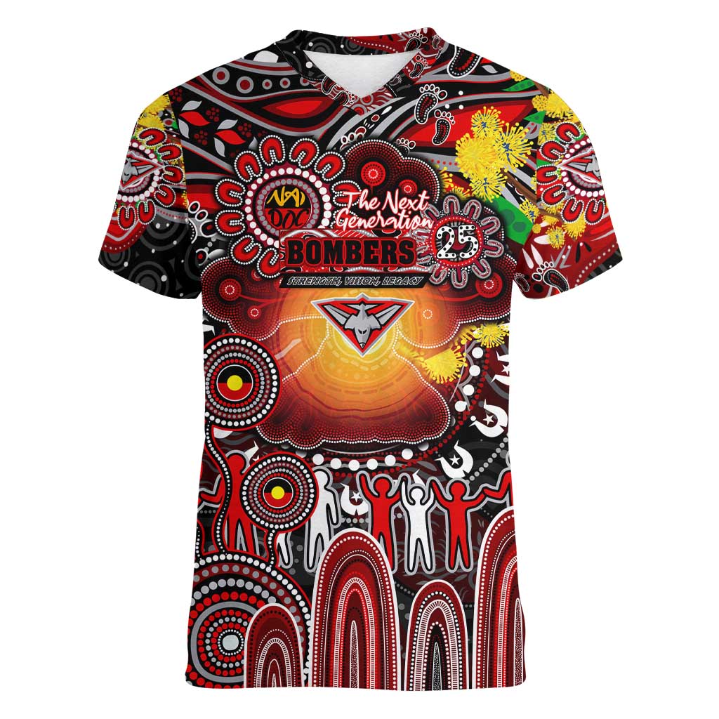 Personalised NAIDOC Week 2025 Bombers Football Women V-Neck T-Shirt Aboriginal Dot Painting