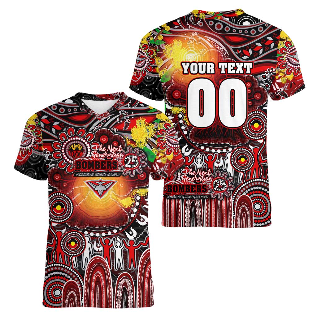 Personalised NAIDOC Week 2025 Bombers Football Women V-Neck T-Shirt Aboriginal Dot Painting