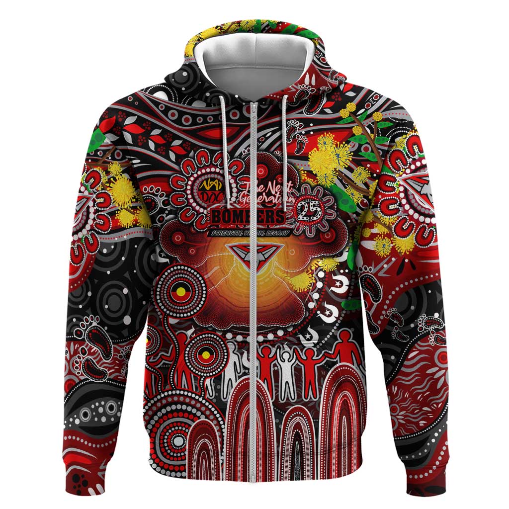 Personalised NAIDOC Week 2025 Bombers Football Zip Hoodie Aboriginal Dot Painting