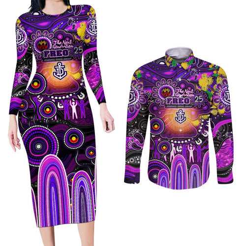 Personalised NAIDOC Week 2025 Freo Football Couples Matching Long Sleeve Bodycon Dress and Long Sleeve Button Shirt Aboriginal Dot Painting