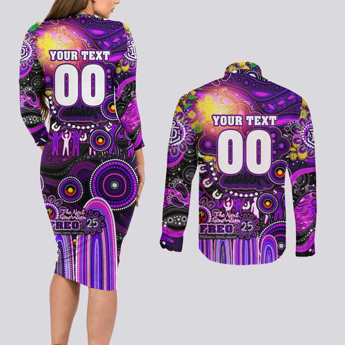 Personalised NAIDOC Week 2025 Freo Football Couples Matching Long Sleeve Bodycon Dress and Long Sleeve Button Shirt Aboriginal Dot Painting